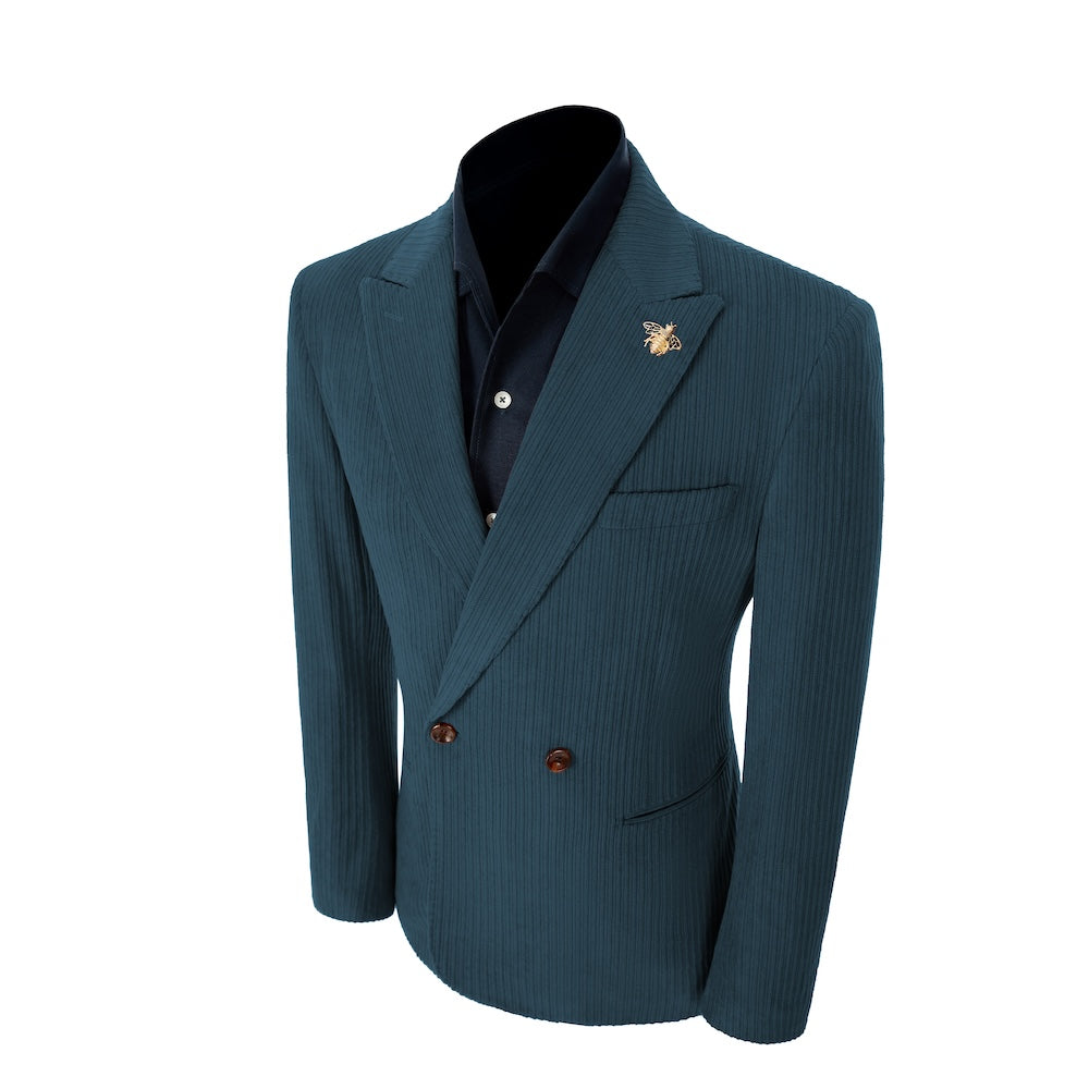 Left side of navy blue corduroy prom blazer – elegant peak lapel cut