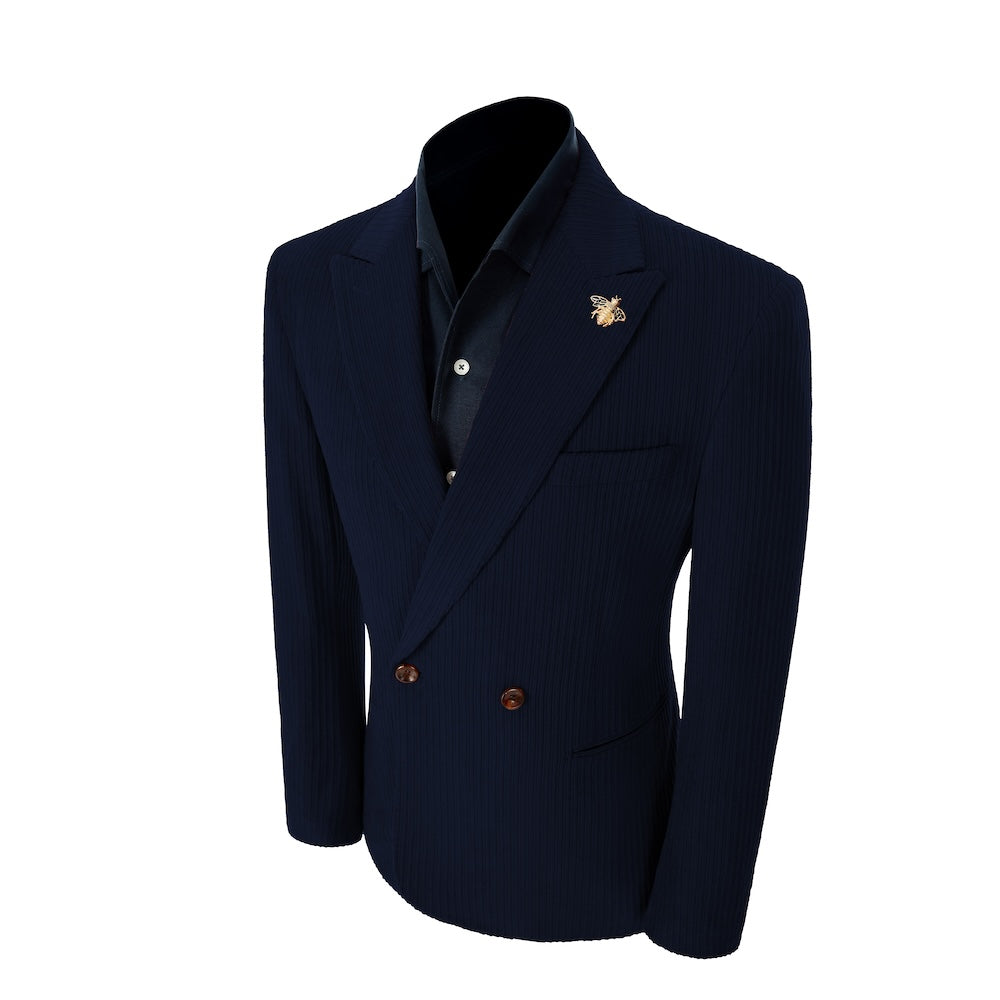 Left side of navy corduroy prom blazer – elegant peak lapel cut