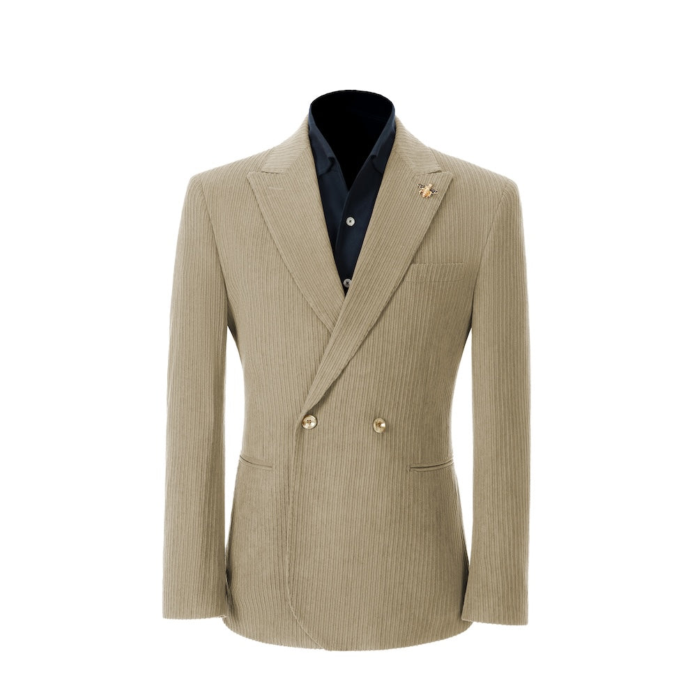 Men's oatmeal corduroy blazer – peak lapel prom style 2 piece front view