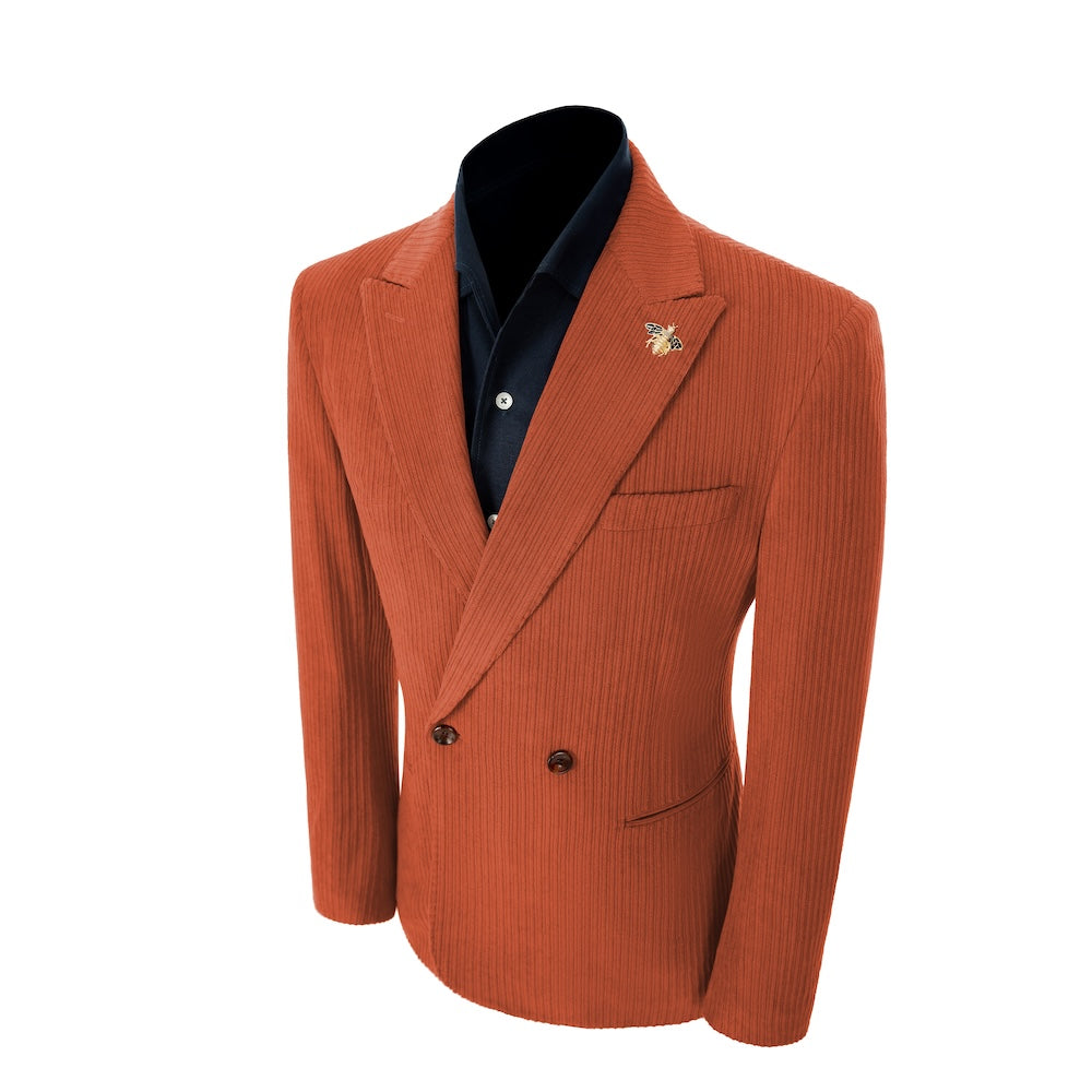 Left side of orange corduroy prom blazer – elegant peak lapel cut