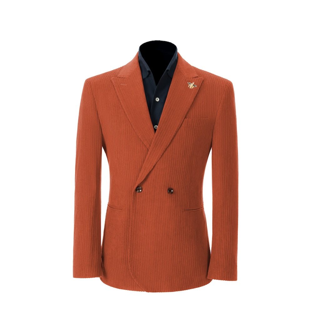 Men's orange corduroy blazer – peak lapel prom style 2 piece front view