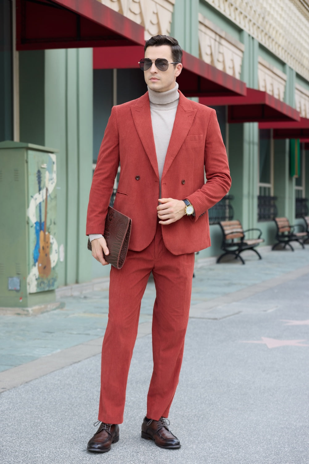 Front full-body view of red corduroy prom suit – peak lapel blazer styled with turtleneck