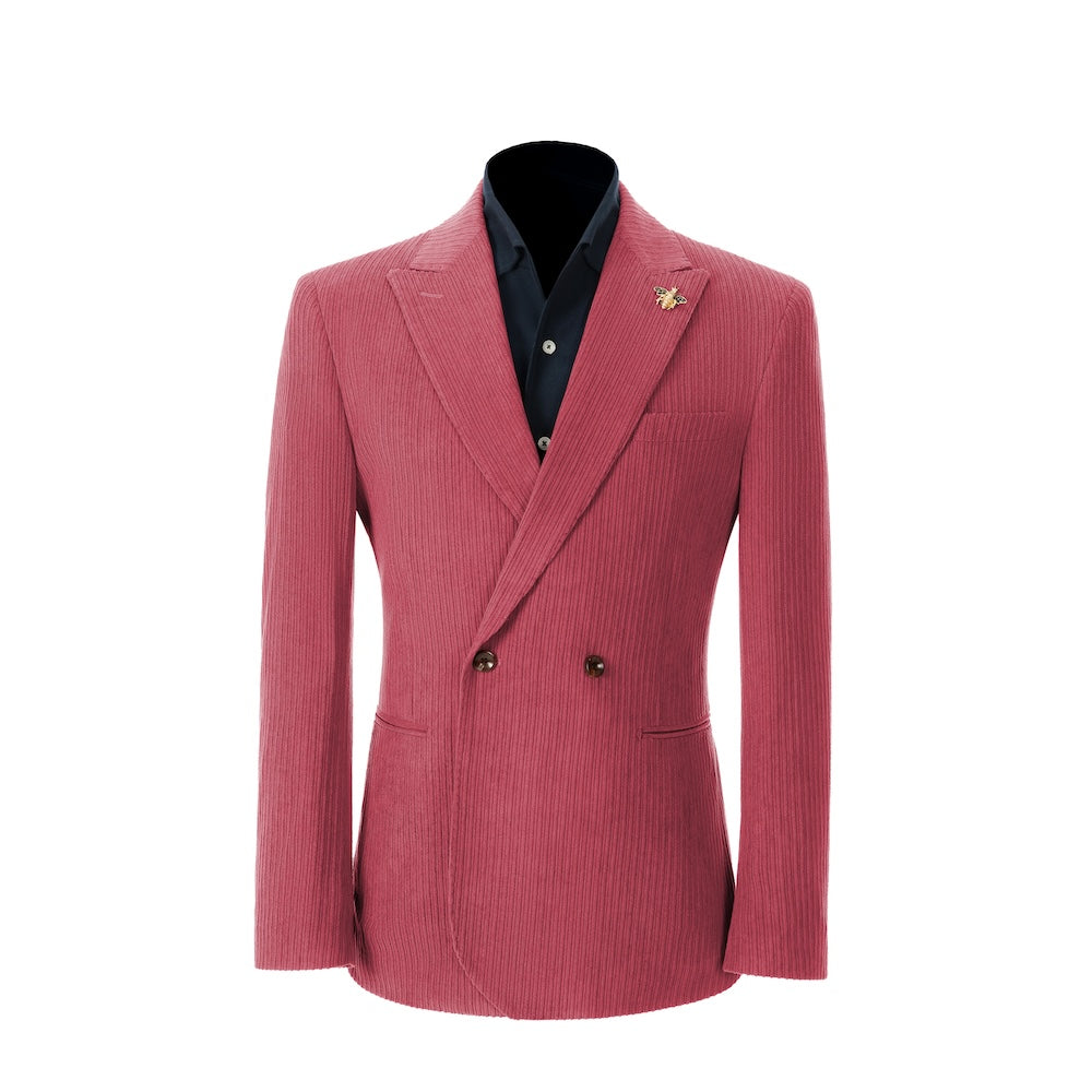 Men's rose red corduroy blazer – peak lapel prom style 2 piece front view