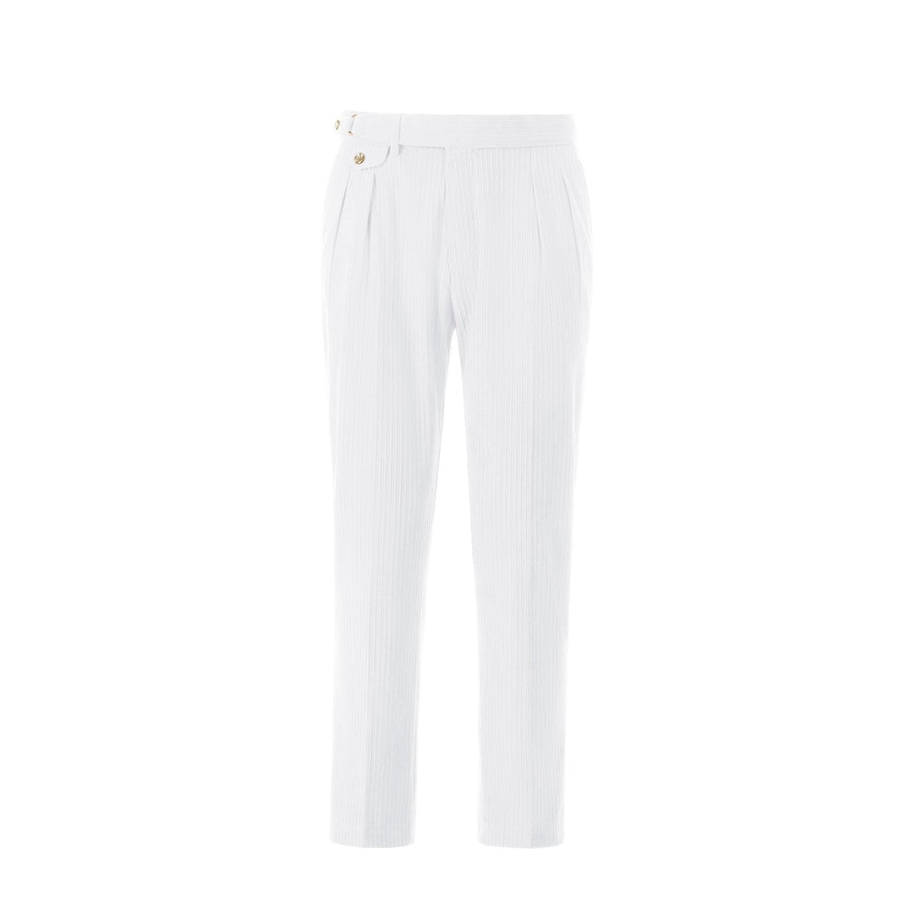 Front view of men's white corduroy pants – slim fit prom trouser style