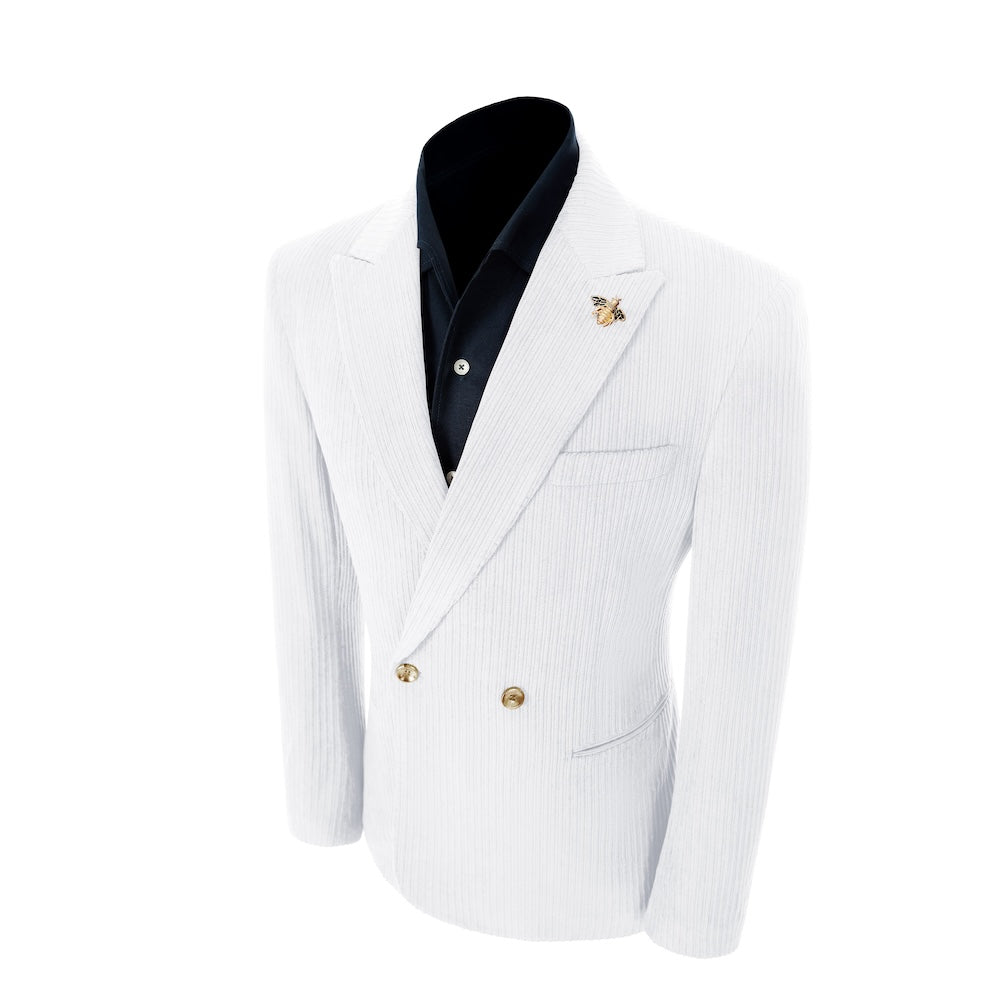 Left side of white corduroy prom blazer – elegant peak lapel cut