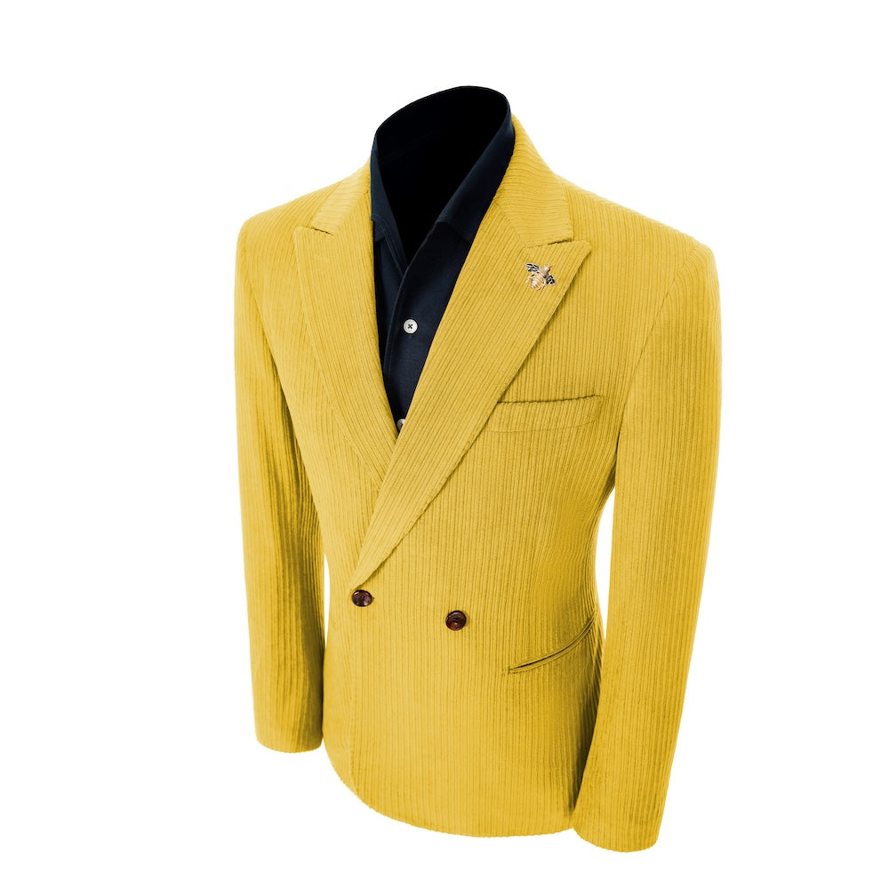 Left side of yellow corduroy prom blazer – elegant peak lapel cut
