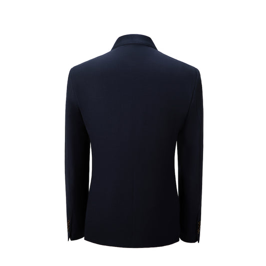 Men's navy double breasted blazer back view - modern fit two button designer formal jacket with slim seam