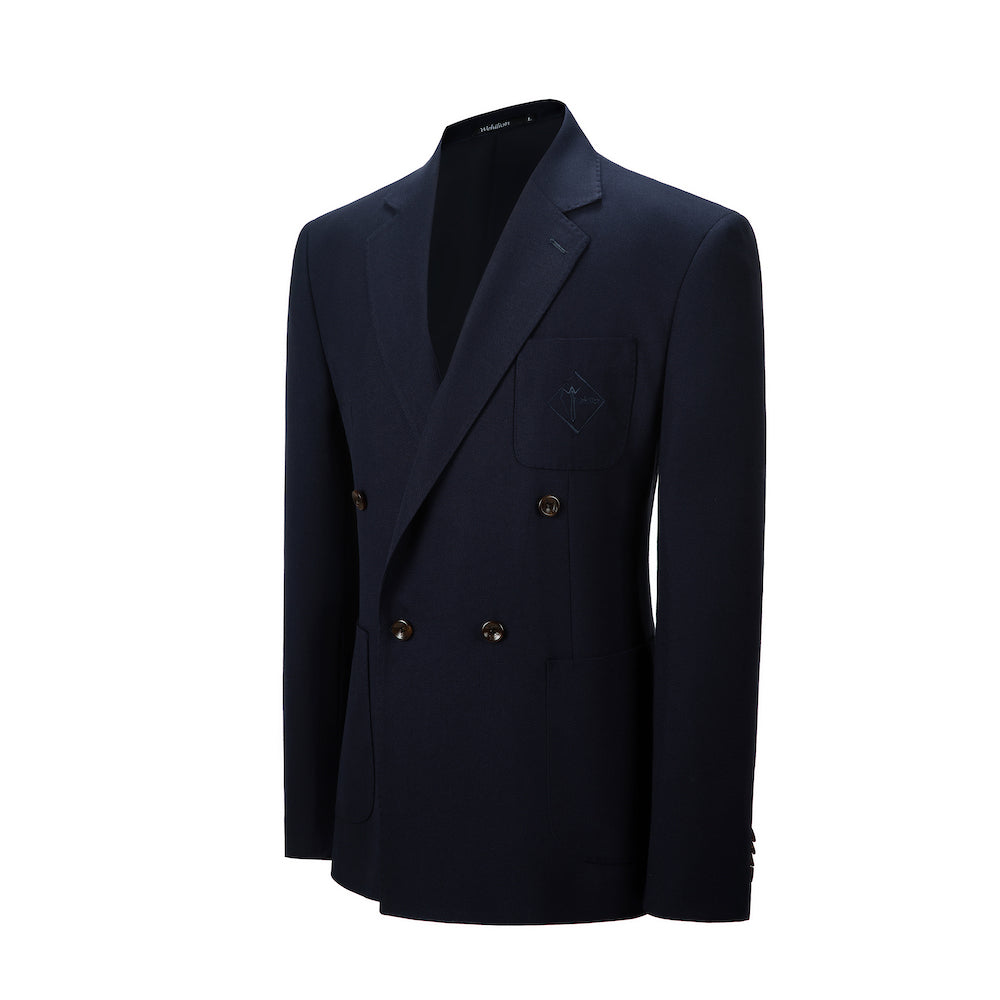 Men's navy double breasted blazer front view - two button modern fit designer jacket with embroidered pocket