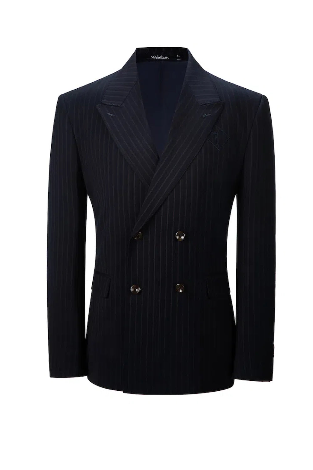 Designer style men's navy pinstripe double breasted blazer - two button modern fit formal jacket