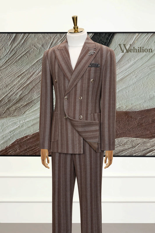Men's Brown Stripe Herringbone 3 Piece Suits