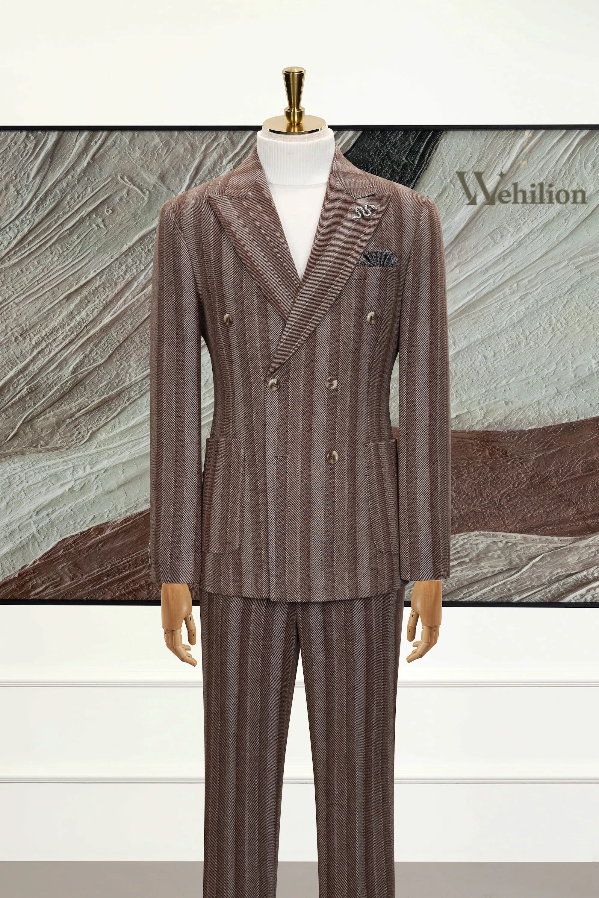 Men's Brown Stripe Herringbone 3 Piece Suits