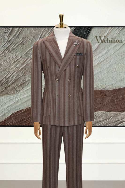Men's Brown Stripe Herringbone 3 Piece Suits