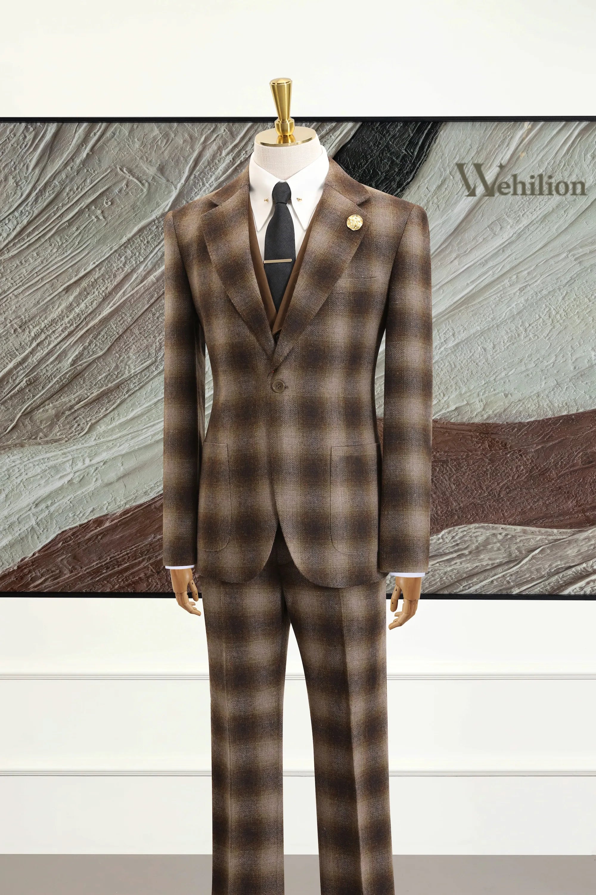 Men's Brown Plaid Herringbone 2 Piece Suits