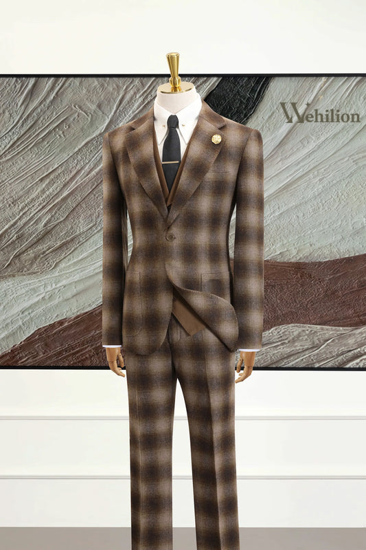 Men's Brown Plaid Herringbone 2 Piece Suits