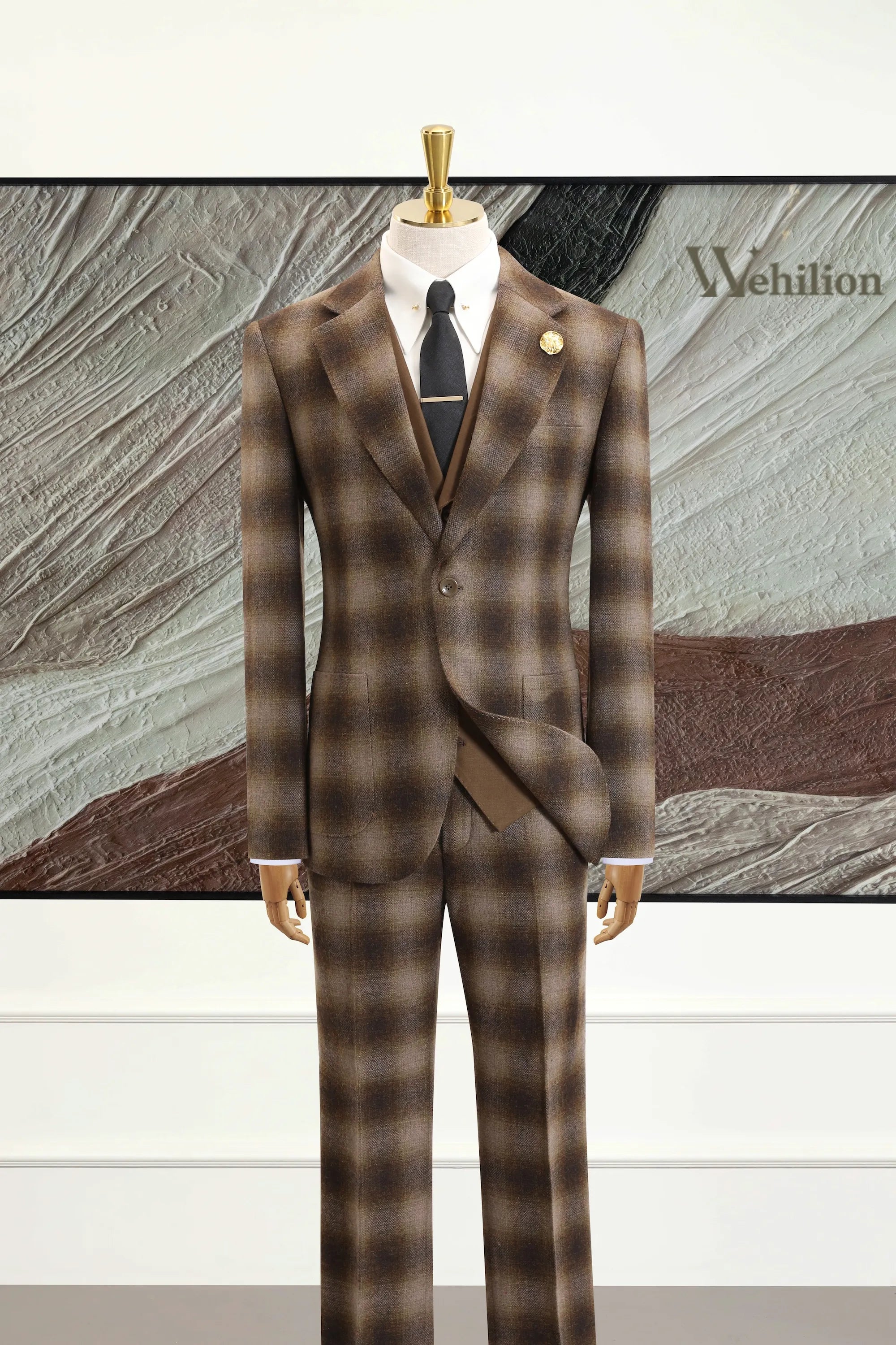 Men's Brown Plaid Herringbone 2 Piece Suits