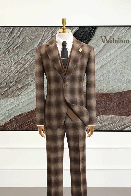 Men's Brown Plaid Herringbone 2 Piece Suits