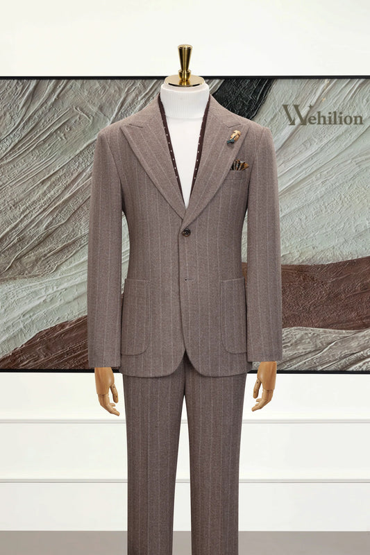 Men's Brown Stripe Wool 2 Piece Suits