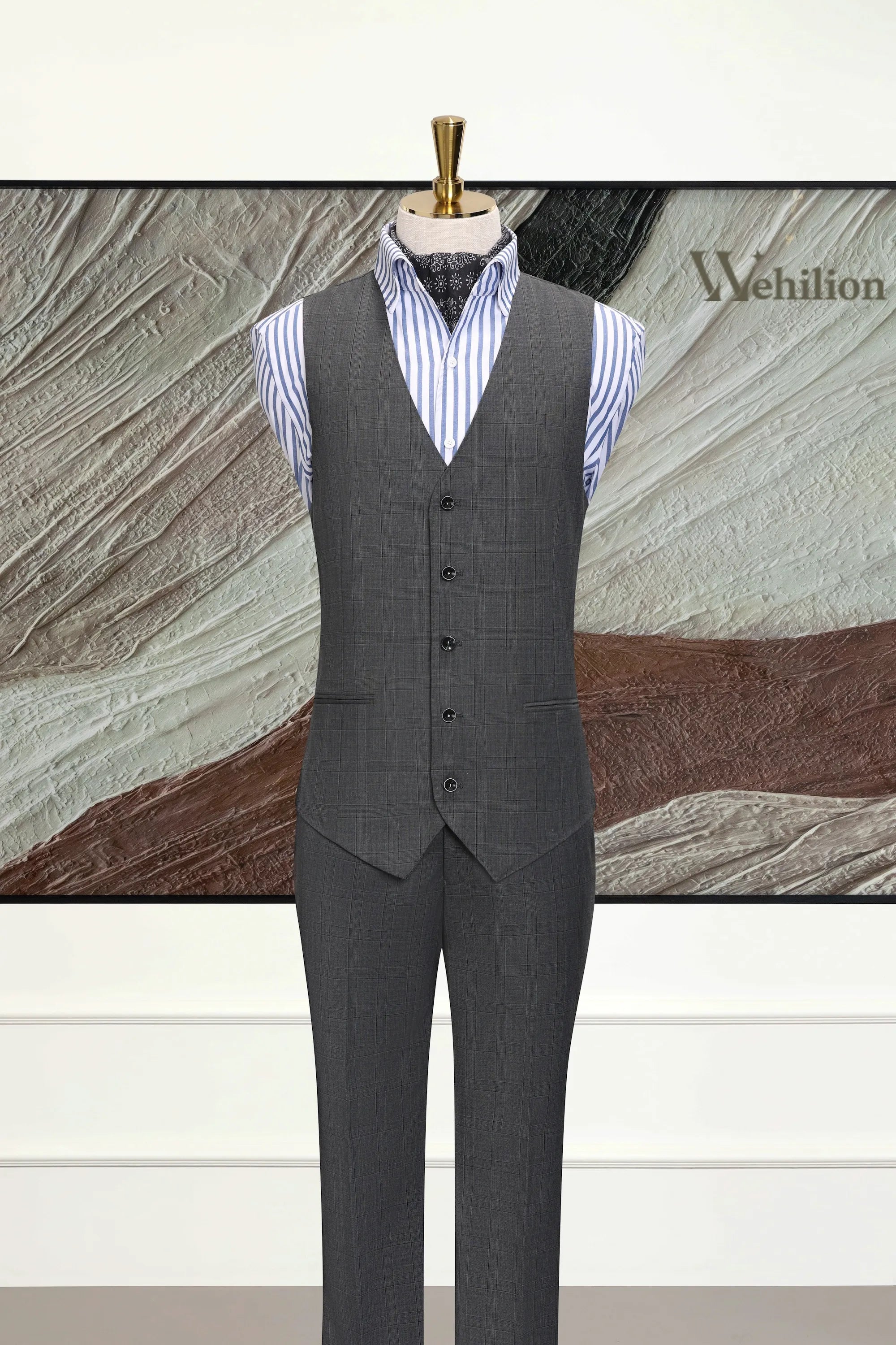 Men's Grey Plaid Woolen 3 Piece Suits