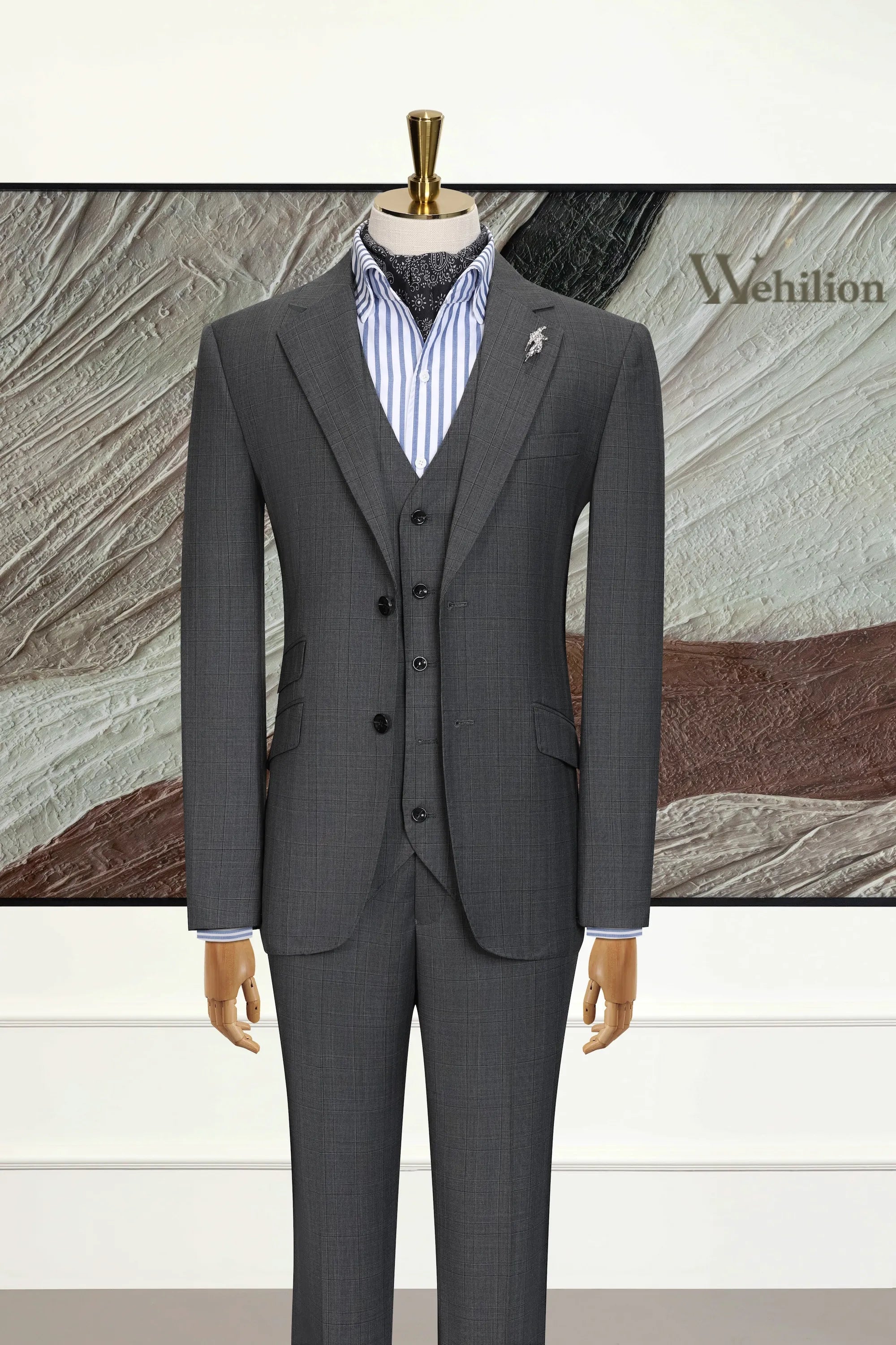 Men's Grey Plaid Woolen 3 Piece Suits