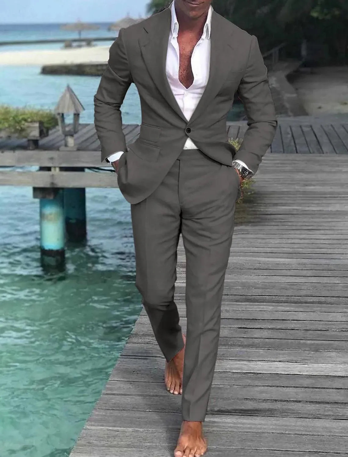 Men's dark gray linen wedding suit – single button groom outfit with white shirt