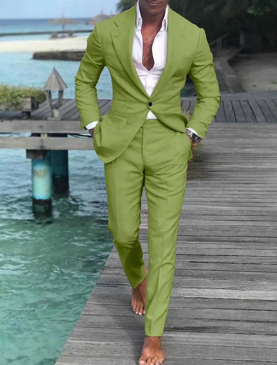 Men's sage green linen wedding suit – outdoor summer groom style