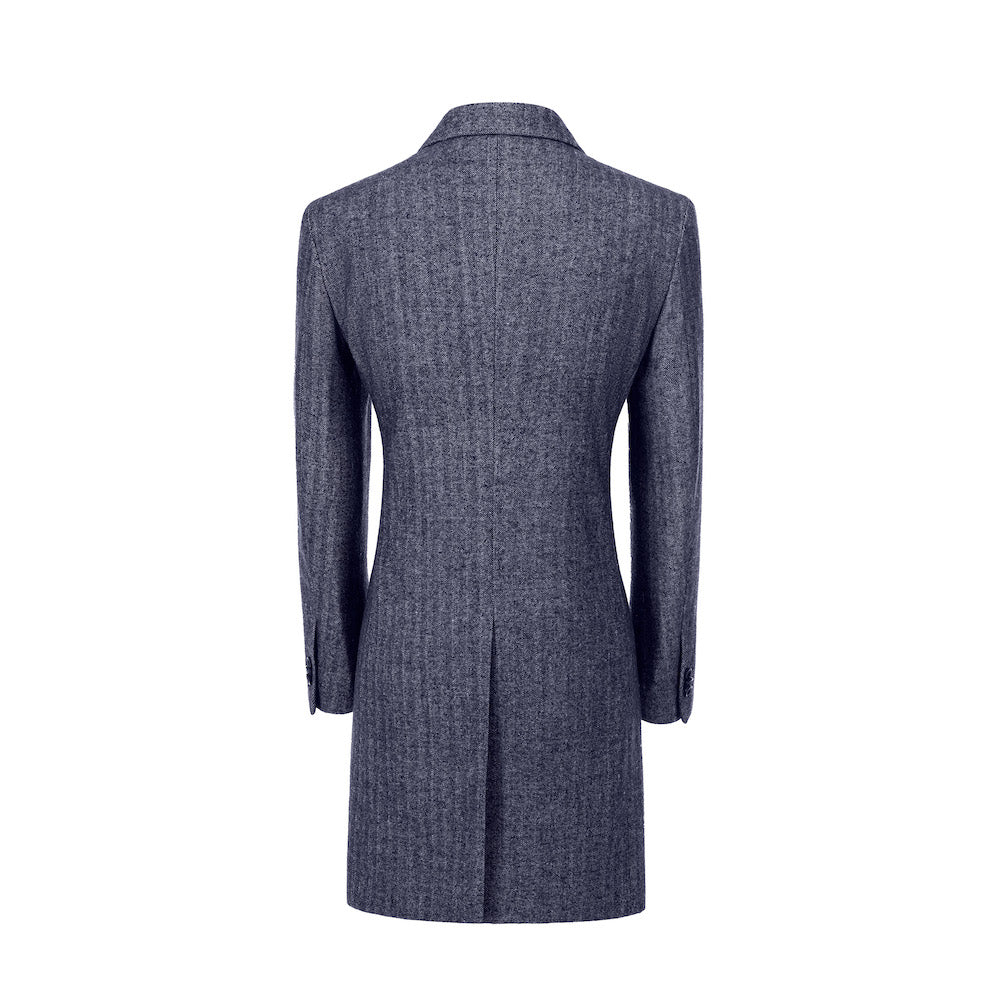 Back view of blue wool trench coat for men – tailored winter style