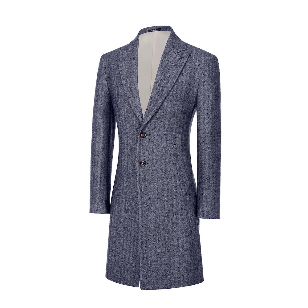 Blue long winter overcoat for men – angled side view with pockets
