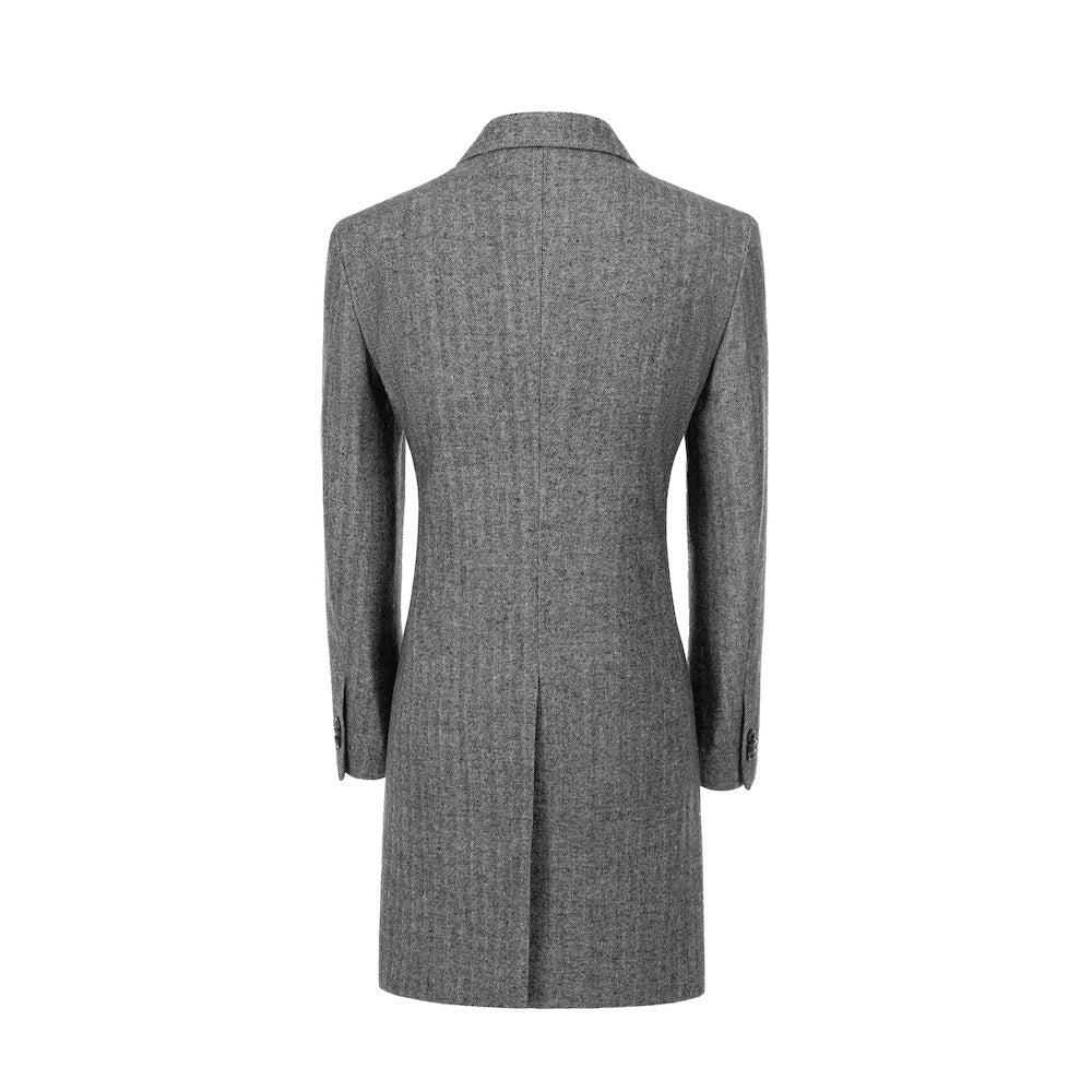 Back view of grey wool trench coat for men – tailored winter style