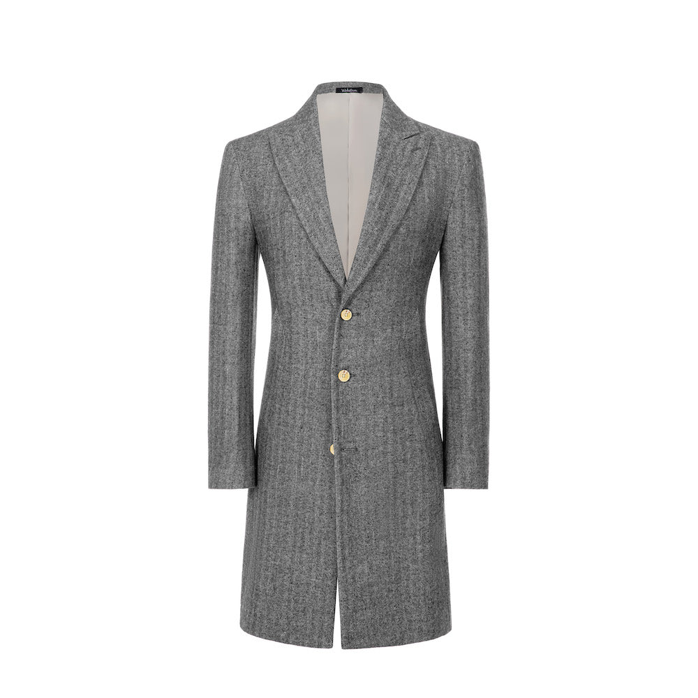 Grey wool trench coat for men – front view with gold buttons