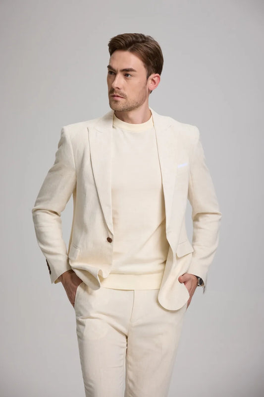 Front view of beige linen blazer and pants for men – paired with T-shirt for effortless summer look