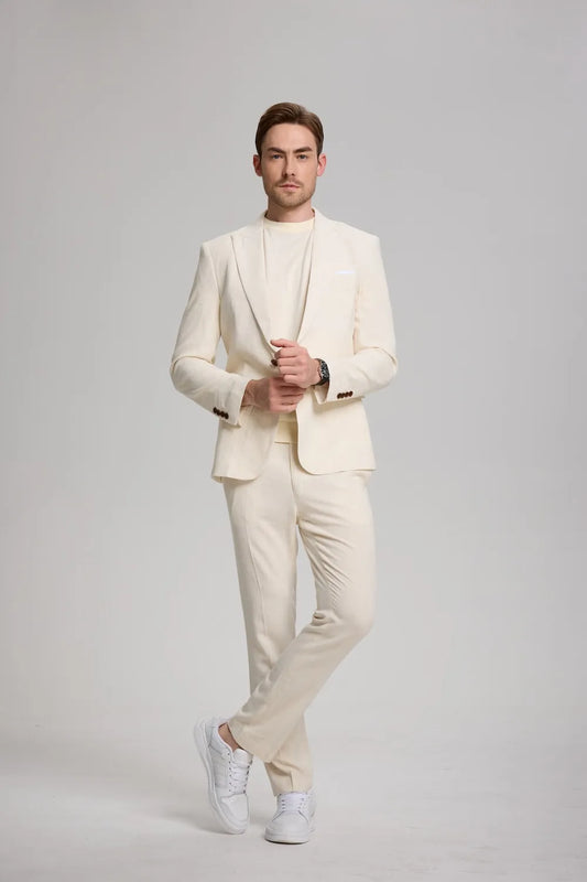 Beige linen casual suit for men with T-shirt – relaxed summer outfit for modern daytime occasions