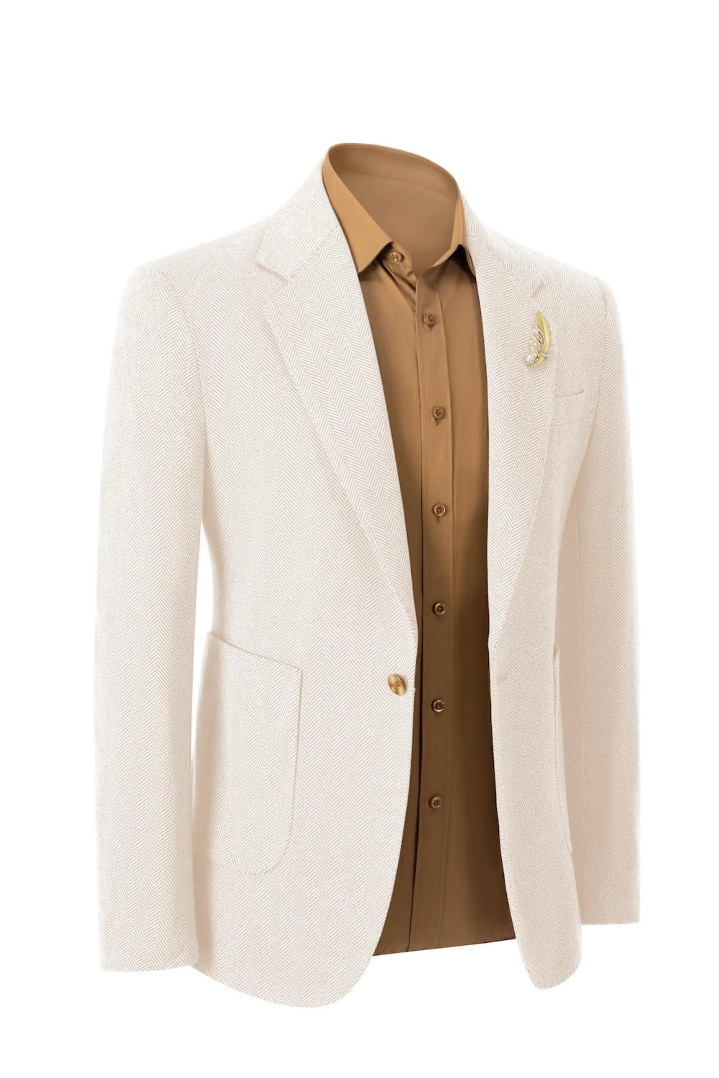 Front view of men's beige herringbone business blazer – showcasing classic 2-piece suit style