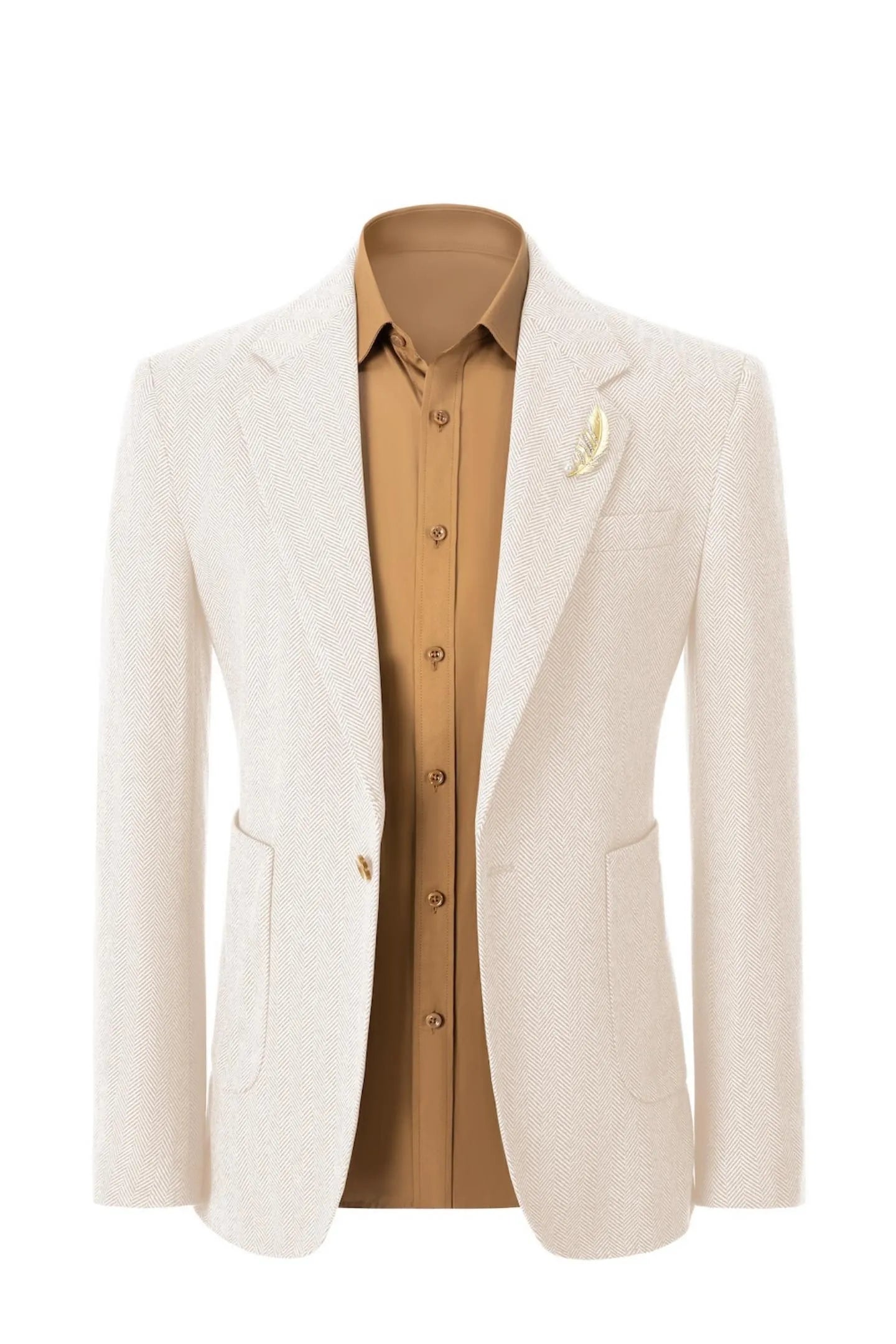Front view of men's beige herringbone business blazer – showcasing classic 2-piece suit style
