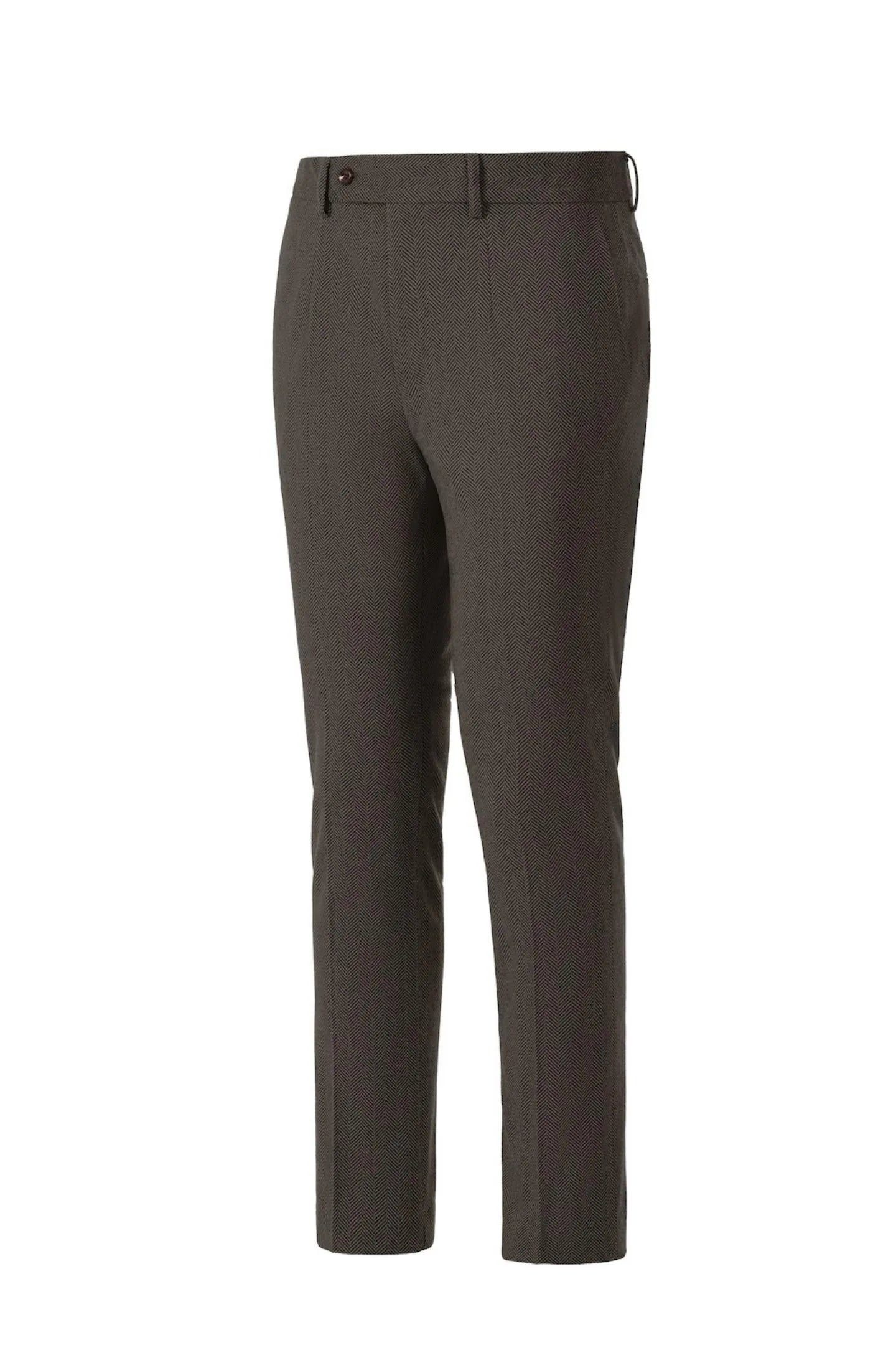 Side view of men's black brown herringbone business suit pants – highlighting tailored fit of classic 2-piece style