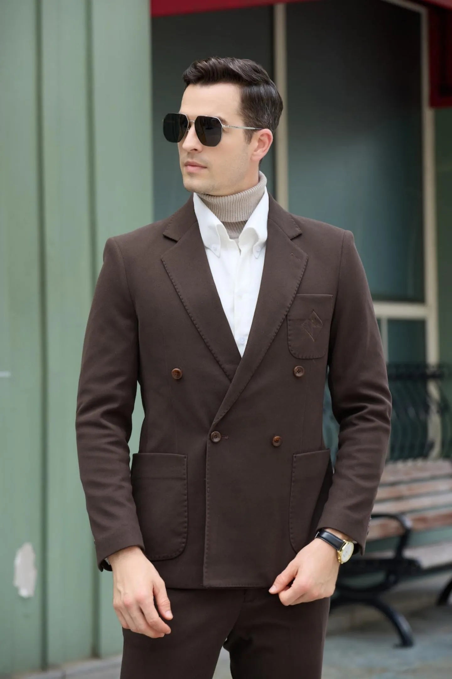 Coffee brown herringbone tweed double breasted men's suit with turtleneck and shirt, stylish front portrait