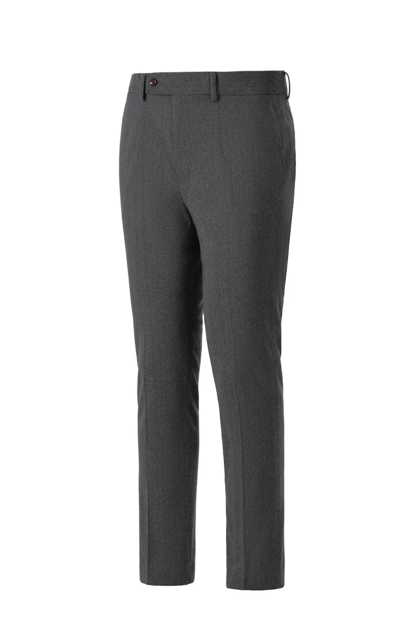 Side view of men's dark grey herringbone business suit pants – highlighting the classic 2-piece suit silhouette