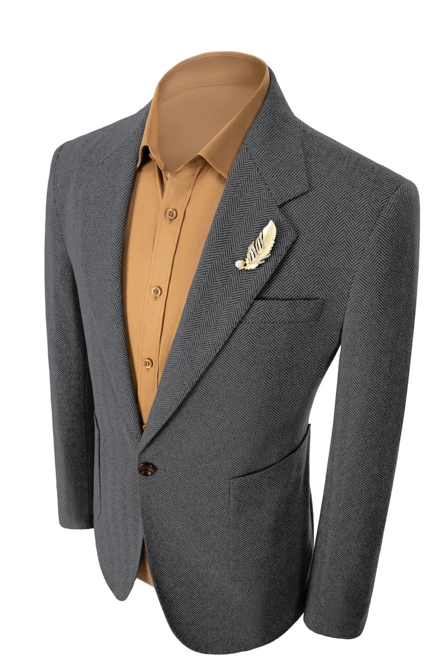 Left side view of men's dark grey herringbone business blazer – highlighting classic tailored 2-piece silhouette