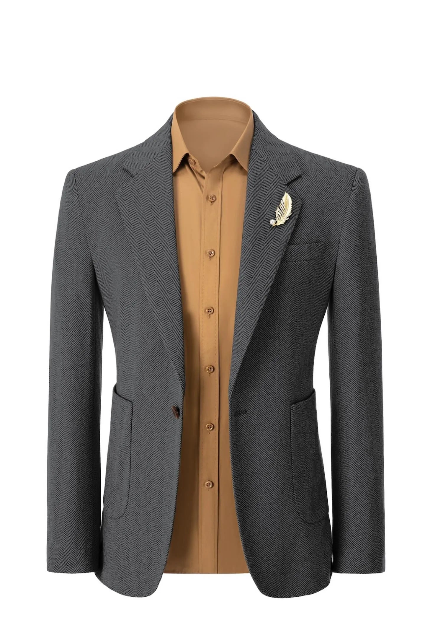 Front view of men's dark grey herringbone business blazer – showcasing classic 2-piece suit style