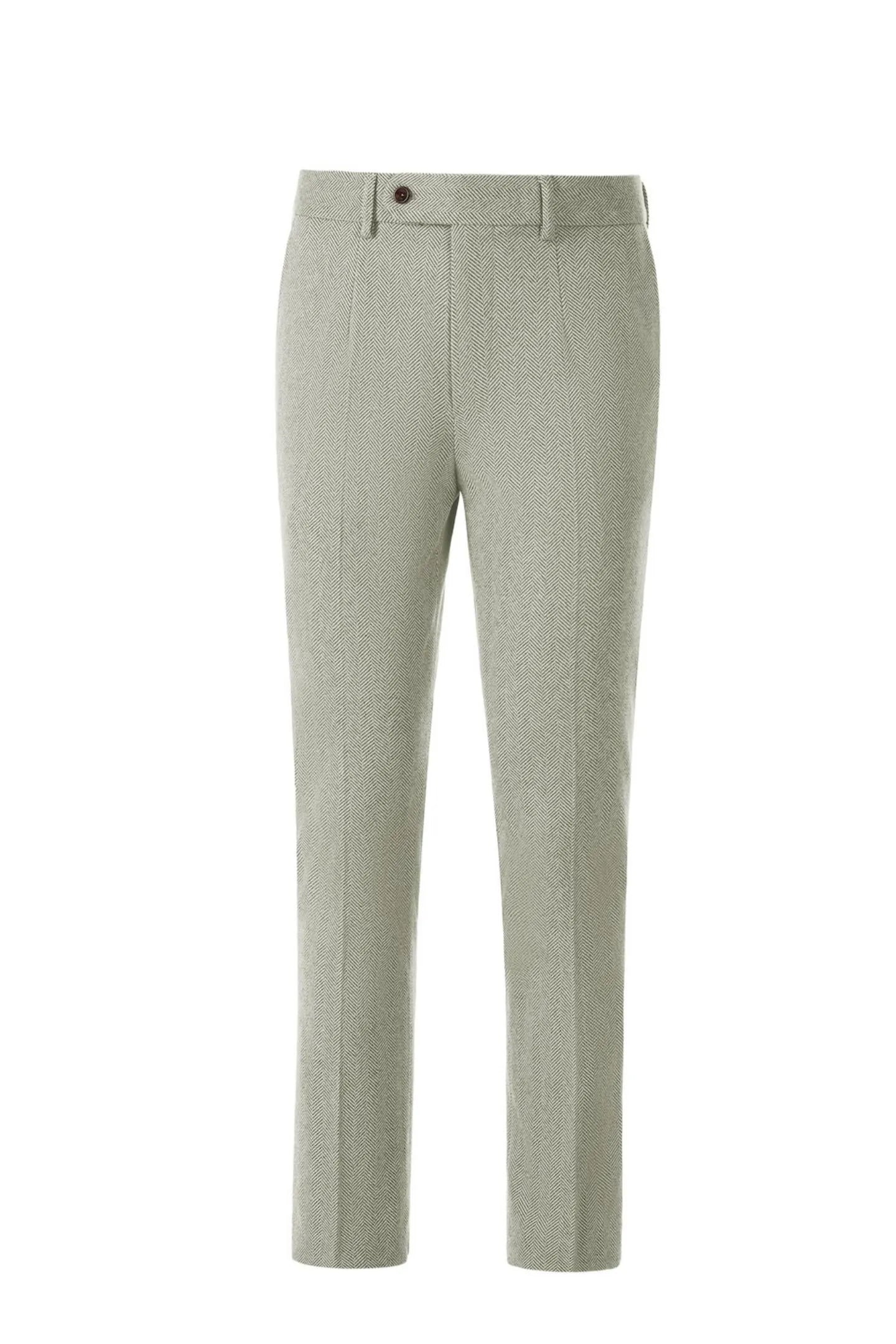 Front view of men's green herringbone business suit pants – featuring tailored fit and classic 2-piece suit style