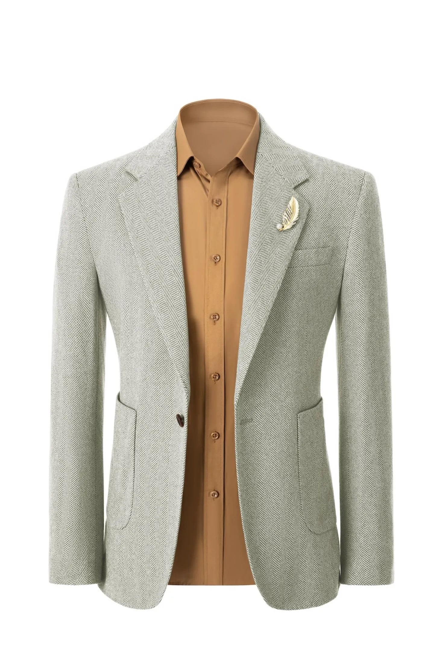 Front view of men's green herringbone business blazer – showcasing classic 2-piece suit style with sharp tailoring