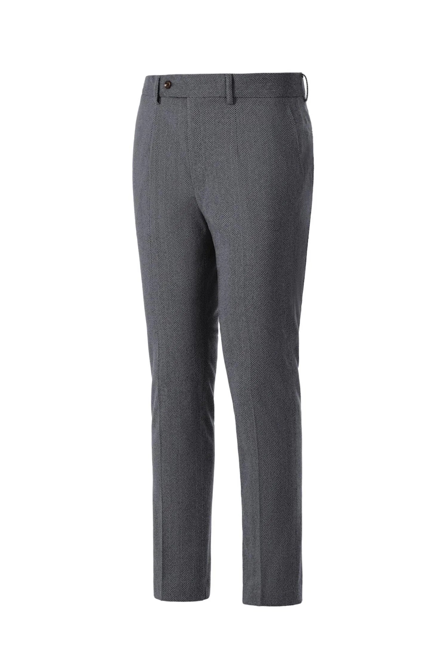Side view of men's grey herringbone business suit pants – featuring classic tailored 2-piece style and fit