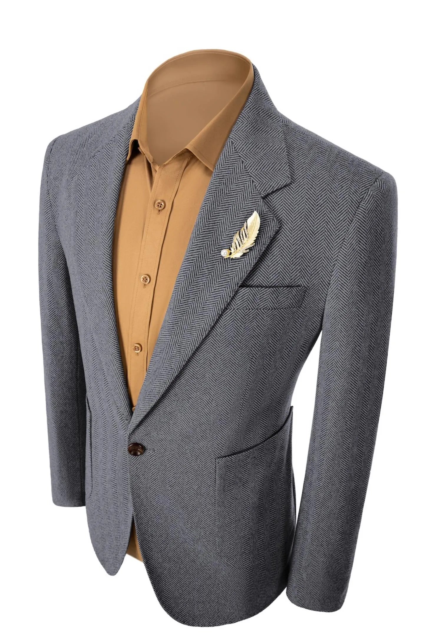 Left side view of men's grey herringbone business blazer – highlighting the tailored 2-piece suit silhouette