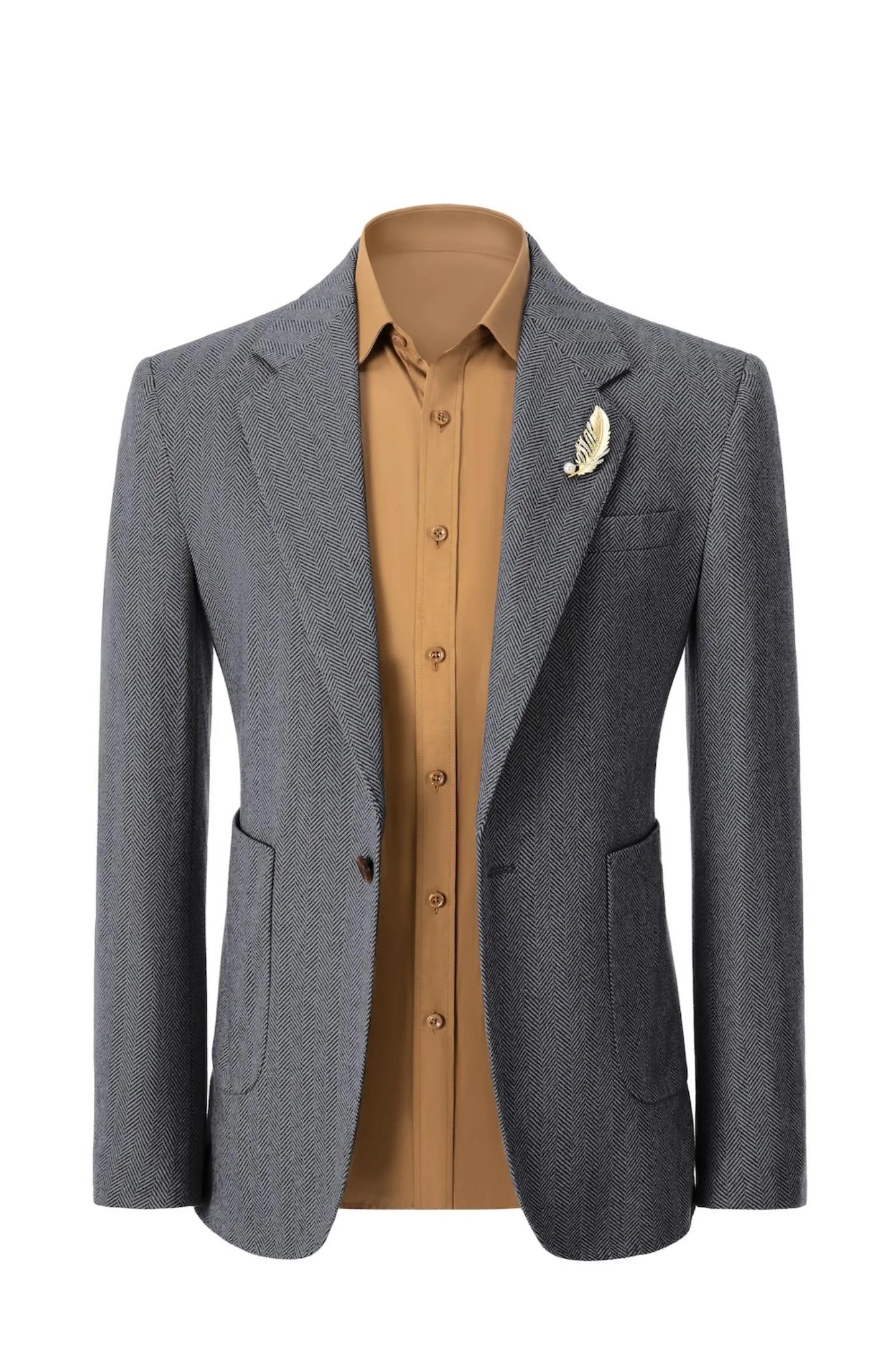 Front view of men's grey herringbone business blazer – showcasing classic 2-piece suit style