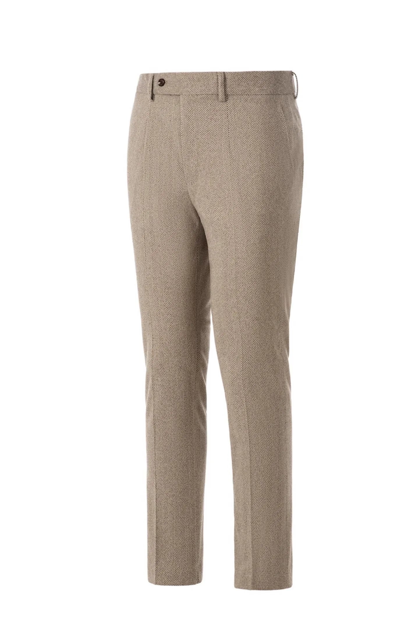 Side view of men's khaki herringbone business suit pants – highlighting the clean, classic 2-piece suit silhouette