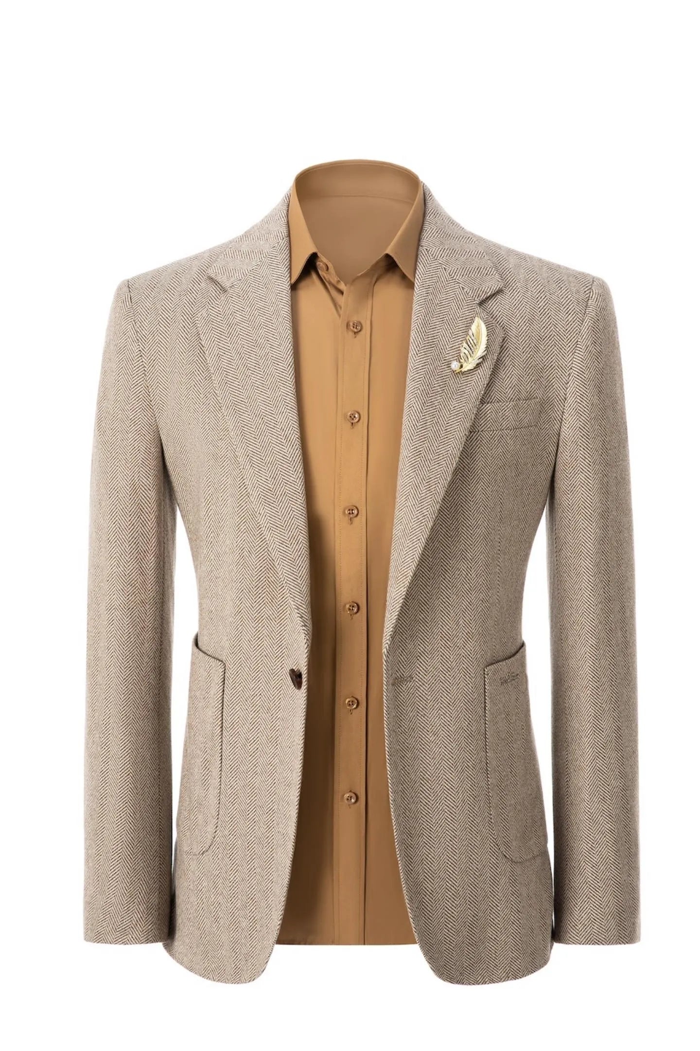 Front view of men's khaki herringbone business blazer – showcasing classic 2-piece suit style with tailored fit