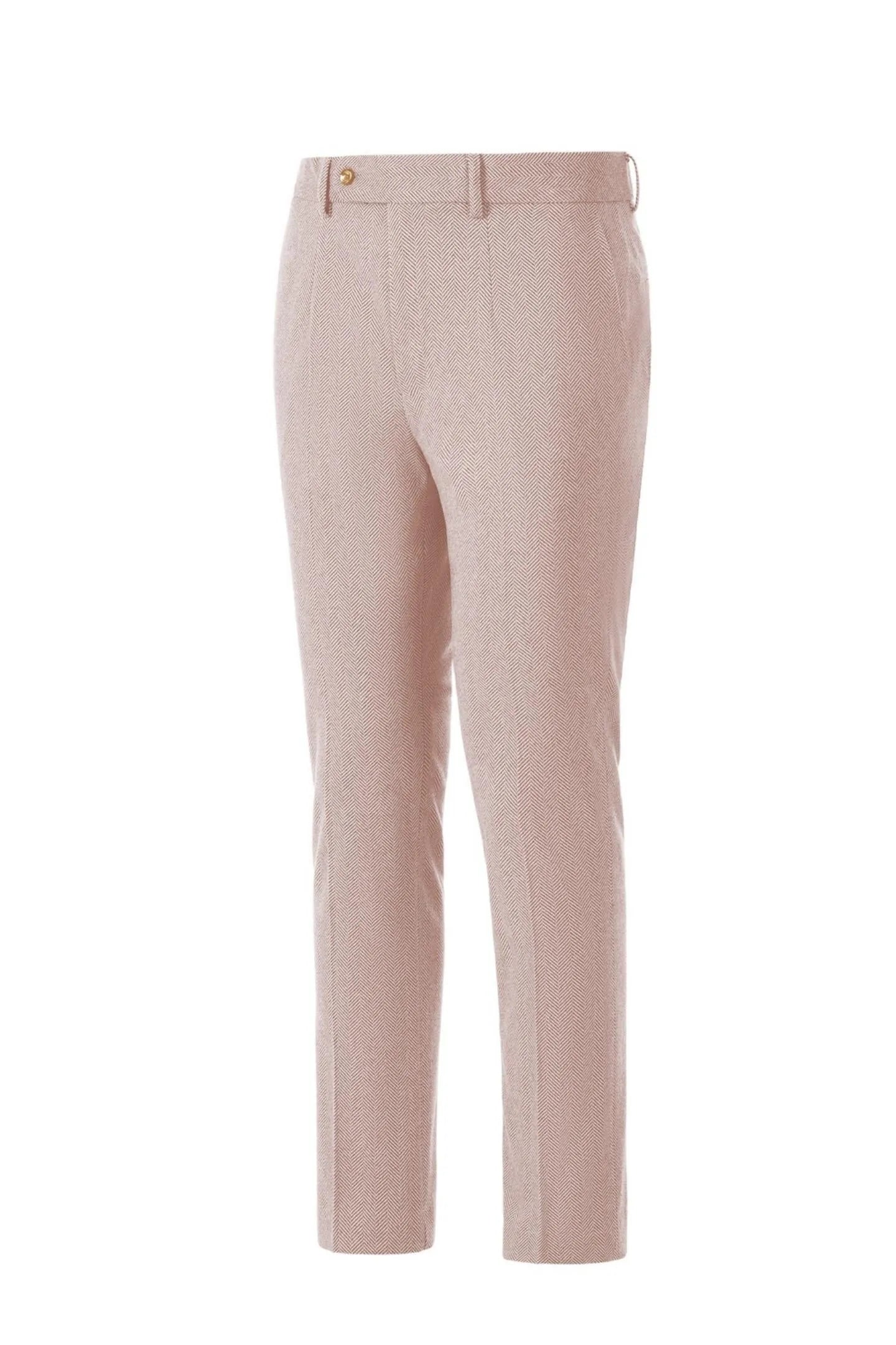 Side view of men's retro herringbone leather pink business suit pants – highlighting classic 2-piece style