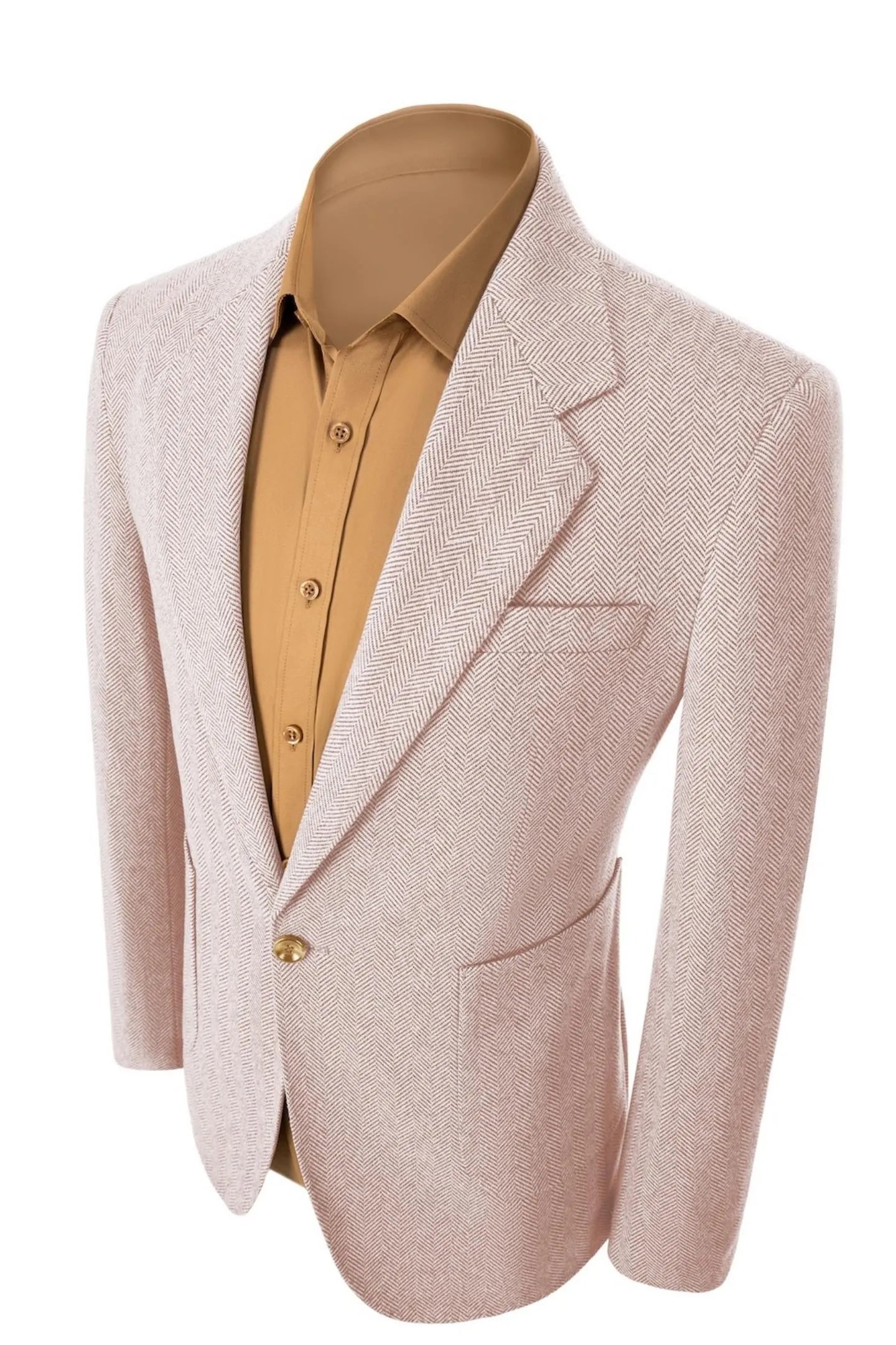 Left side view of men's retro herringbone leather pink business suit – classic 2-piece blazer and pants look