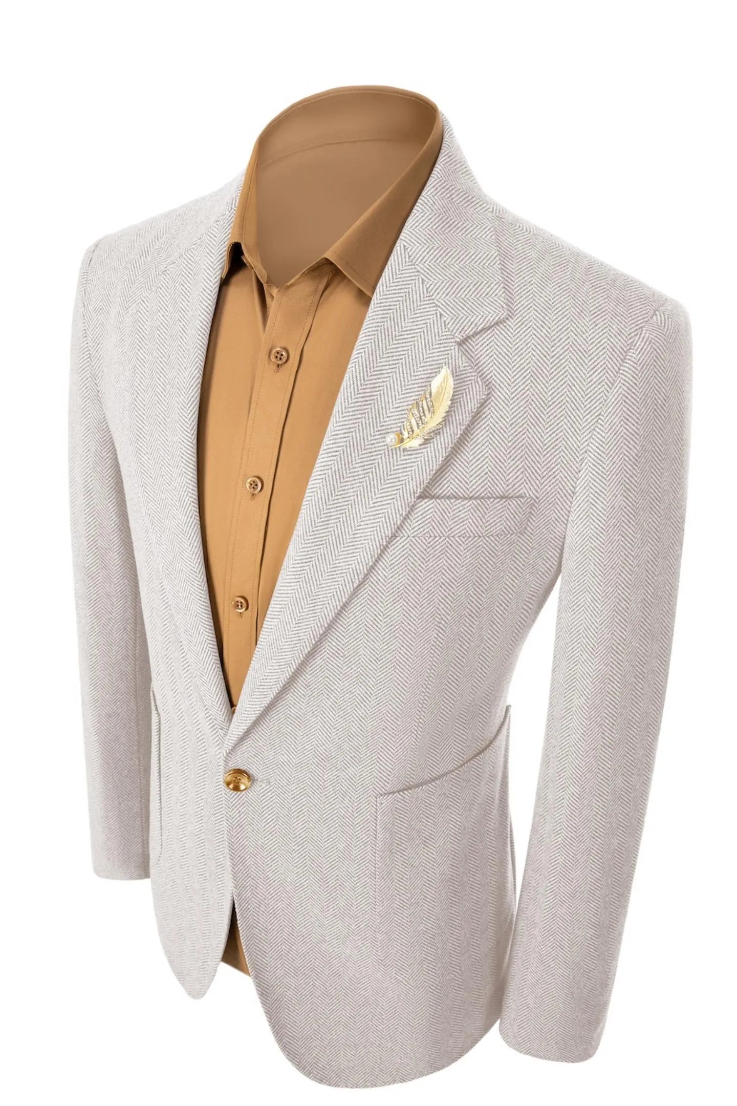 Left side view of men's light beige herringbone business blazer – emphasizing classic 2-piece silhouette and design