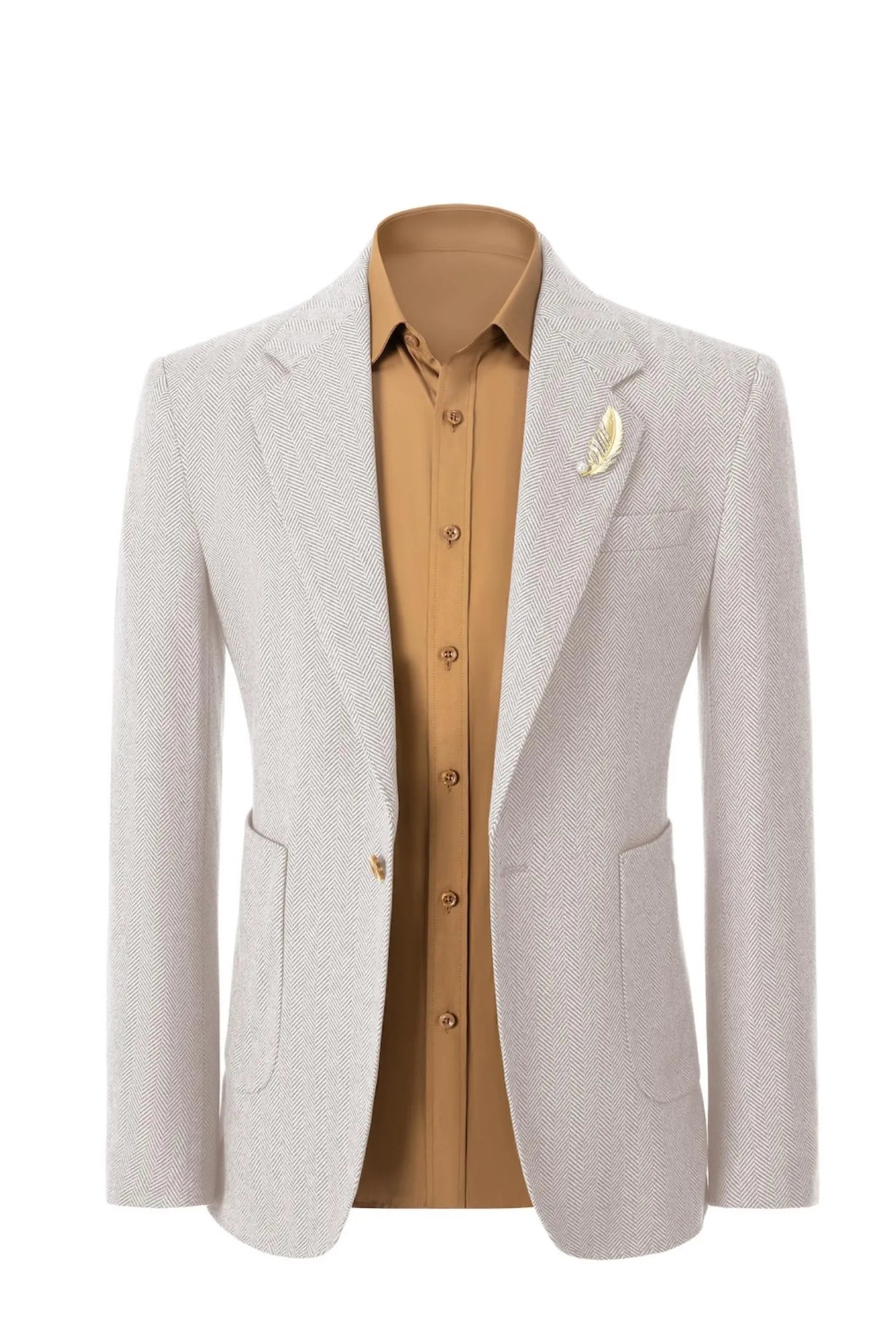 Front view of men's light beige herringbone business blazer – showcasing classic 2-piece suit style with tailored fit