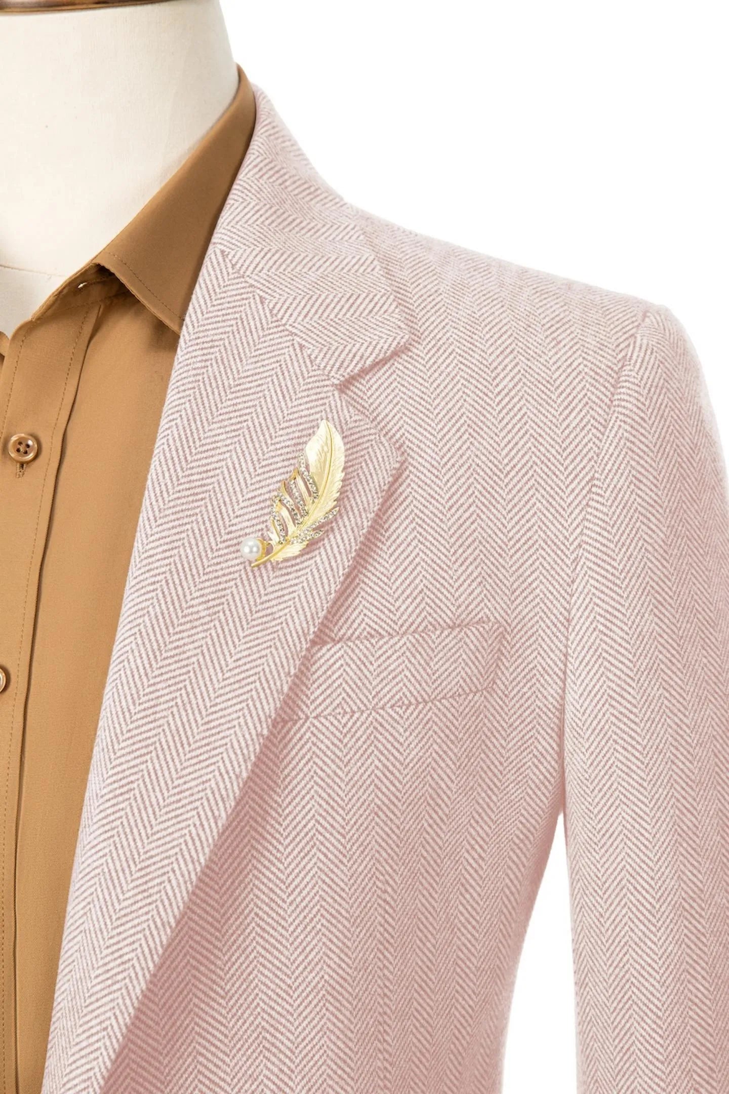 Close-up of the collar on men's light pink herringbone business blazer – showcasing fine craftsmanship and design details